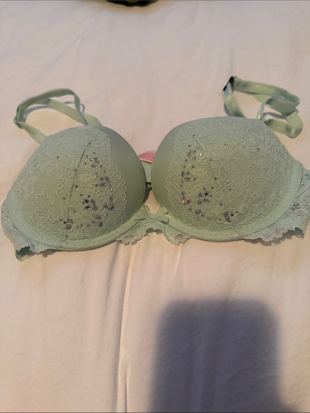 Victoria's Secret Mint Lace Push-Up Bra with Rhinestone Detail